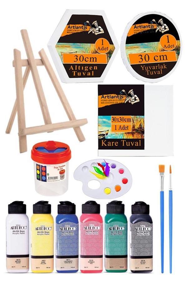 Kare Yuvarlak ve Altıgen Tuval 30 cm 6 Renk 140 ml Akrilik Boya Şövale 1 Paket 30x30 cm Arkadan Zımbalı Astarlı Resim - Image 1