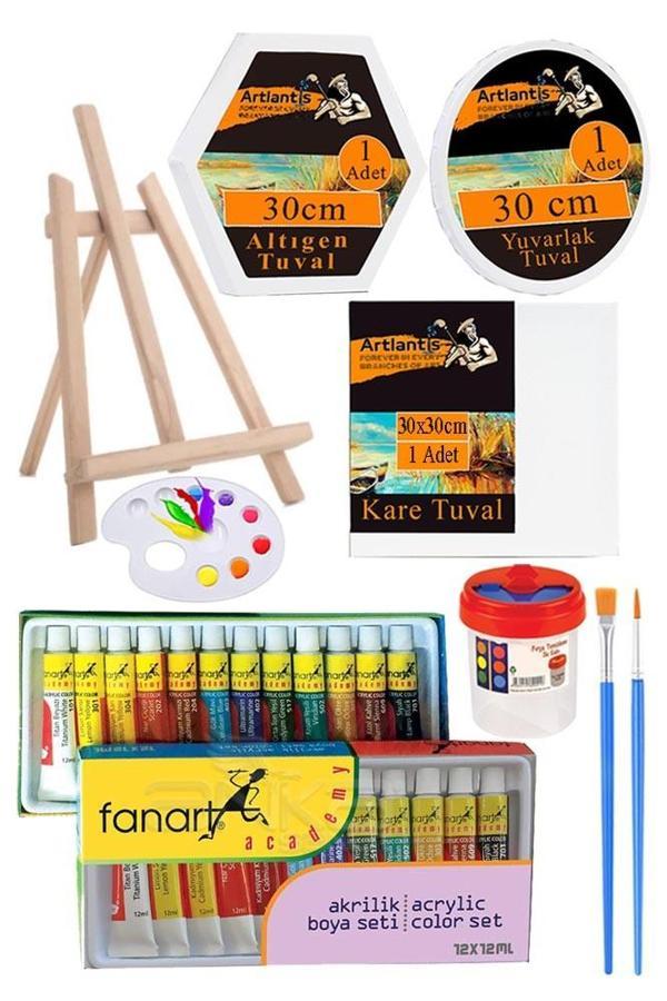 Kare Yuvarlak ve Altıgen Tuval 30 cm Fanart 12 Renk 12 ml Tüp Akrilik Boya Şövale 1 Paket Arkadan Zımbalı 30x30 cm Tuval - Image 1