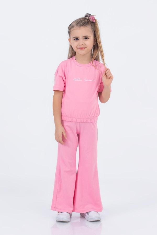 Kız Çocuk İspanyol Paça Düz Crop Model Kısa Kollu  Yazlık Basic Takım 2-5 yaş - Image 1