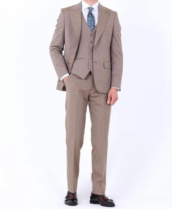 Slim Fit Yelekli Erkek Takım Elbise - Viskon Karışımlı Dört Mevsim Kullanılabilir-KAW1003S - Image 1