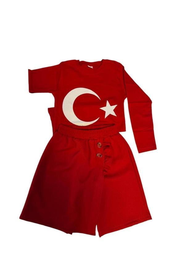 Kuraff Giyim Unisex Uzun Kol Ayyıldız Baskılı Tişört Ve Kırmızı Şort Etekli Takım - Image 1