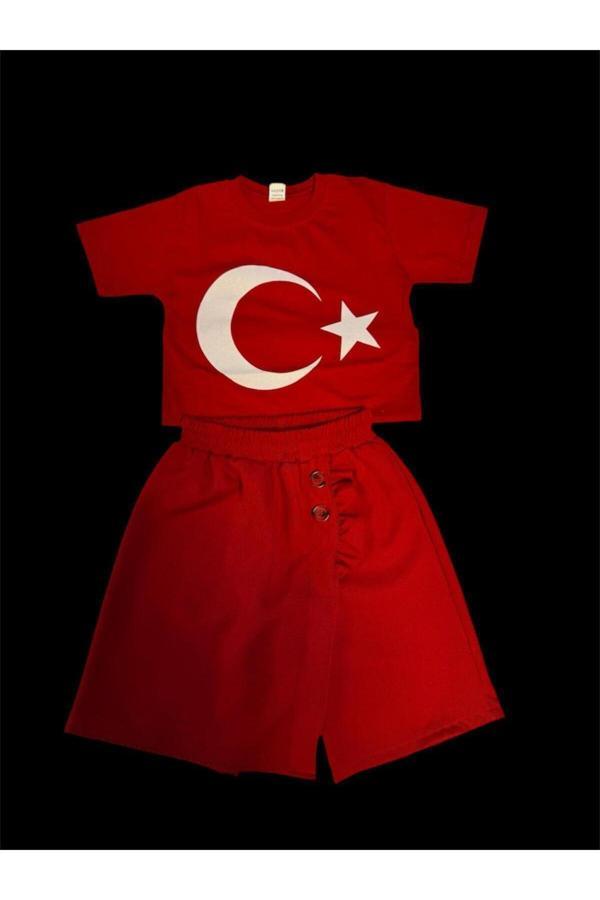 Kuraff Giyim Unisex Kısa Kol Ayyıldız Baskılı Tişört Ve Kırmızı Şort Etekli Takım - Image 1