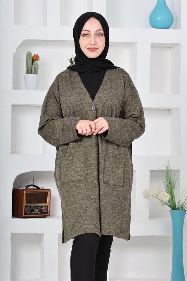 Kuraff Giyim Kadın Molina Kumaş Kışlık Büyük Beden Düğmeli Rahat Kalıp Uzun Hırka - Image 1