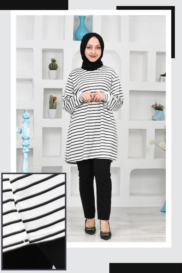 Kuraff Giyim Kadın Yanına Çizgili Bisiklet Yaka Esnek Sweat Tunik - Image 1