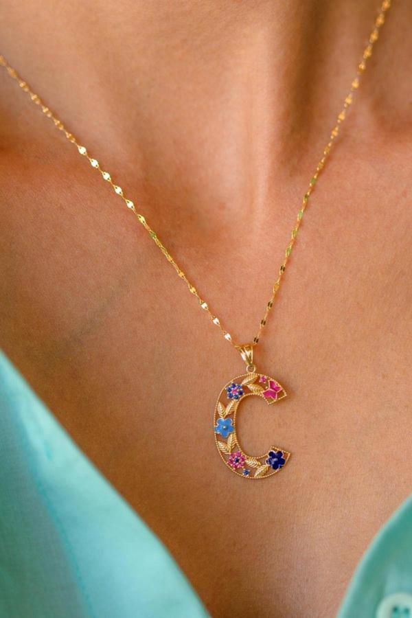 14 Ayar Altın C Harf Çiçek Kolye - Image 1