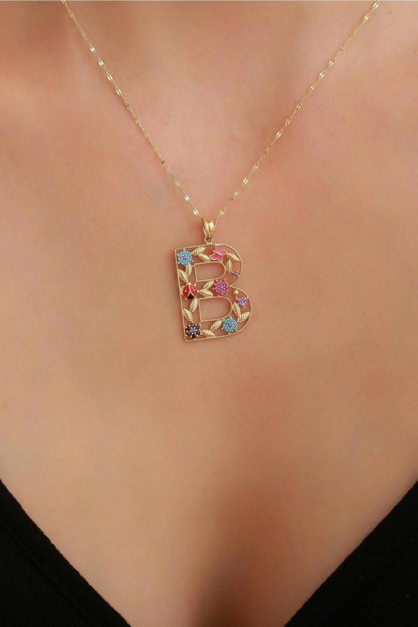 14 Ayar Altın B Harf Çiçek Kolye - Image 1