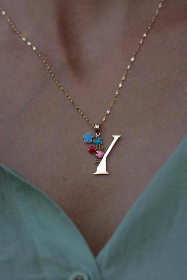 14 Ayar Altın Y Harf Yarım Çiçekli Kolye - Image 1