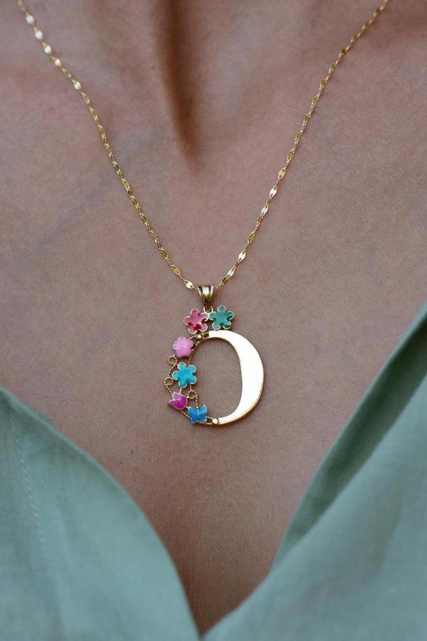 14 Ayar Altın Ö Harf Yarım Çiçekli Kolye - Image 1