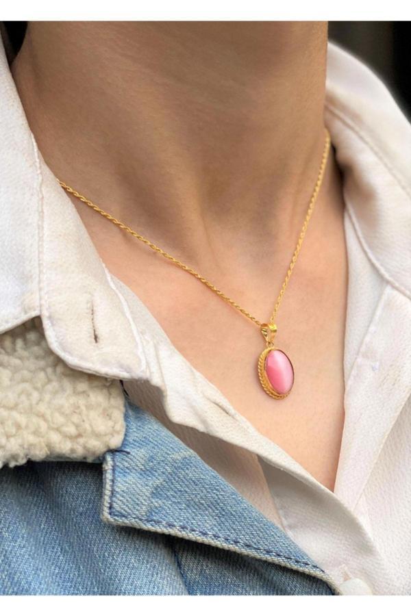 14 Ayar Altın Pembe Kaplan Gözlü Kolye - Image 1