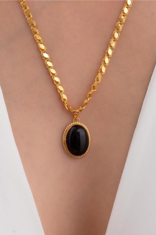 14 Ayar Altın Oval Onix Halep Kolye - Image 1