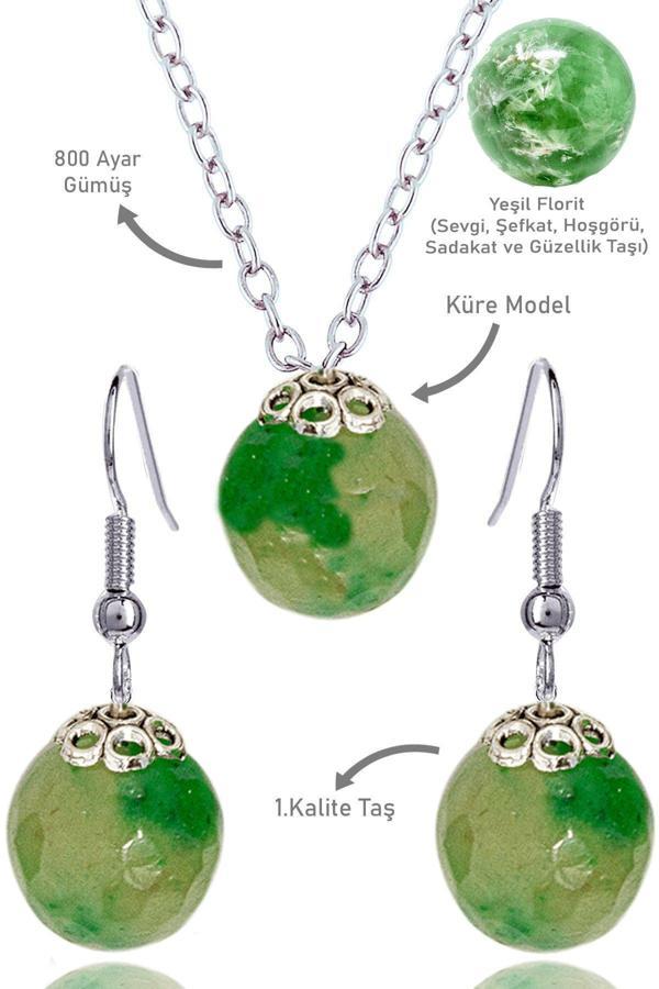Sertifikalı Küre Model Yeşil Florit Taşı Kolye ve Küpe Seti - Gümüş Aparatlı - Image 1