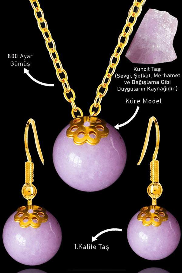 Sertifikalı Küre Model Kunzit Taşı Kolye ve Küpe Seti - Gümüş Aparatlı - Image 1