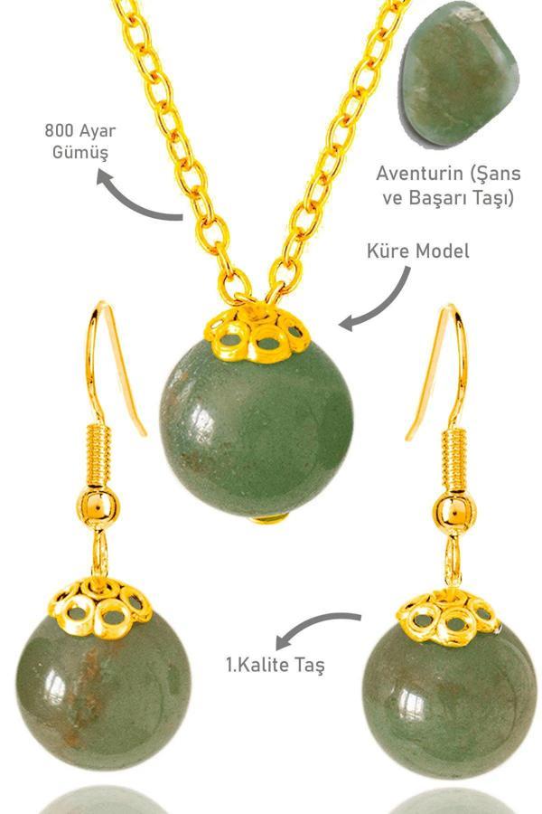 Sertifikalı Gold Küre Yeşim Taşı Kolye Ve Küpe Seti - Gümüş Aparatlı - Image 1