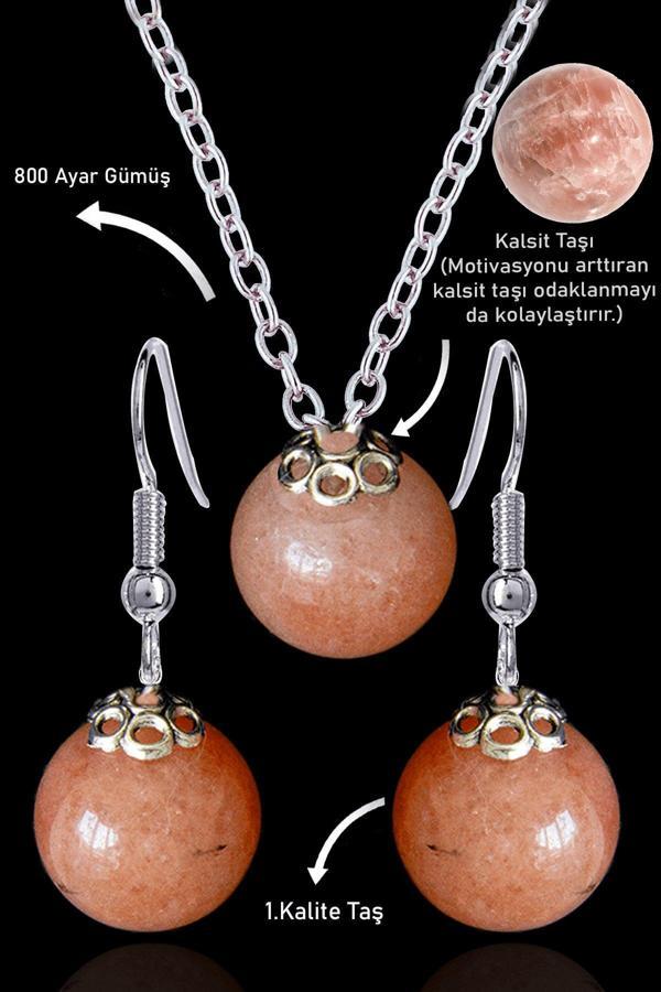 Sertifikalı Küre Model Kalsit Taşı Kolye ve Küpe Seti - Gümüş Aparatlı - Image 1