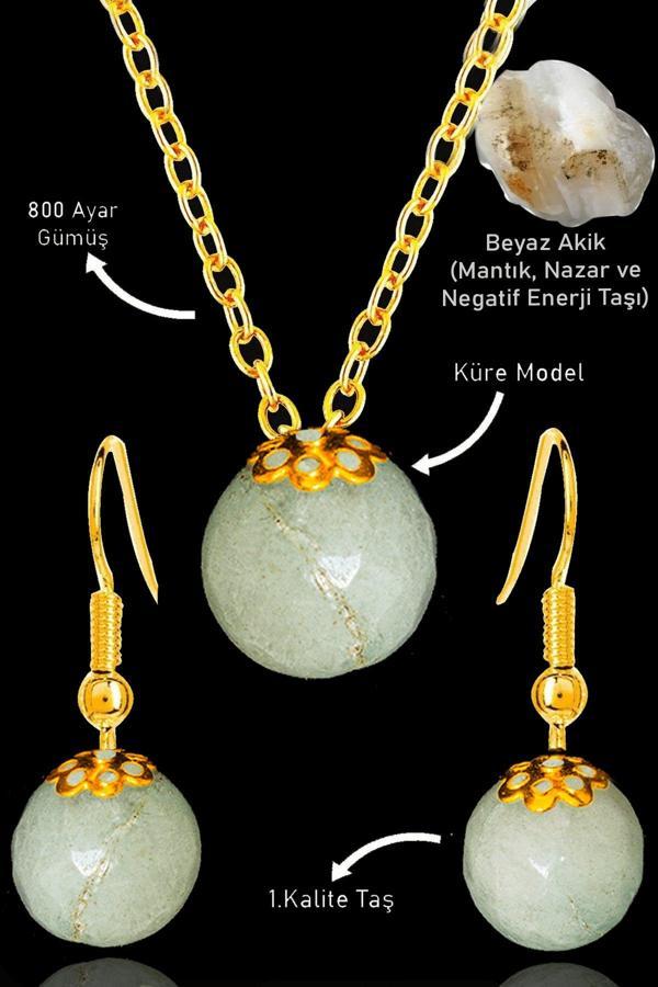 Sertifikalı Gold Küre Model Beyaz Akik Taşı Kolye ve Küpe Seti - Gümüş Aparatlı - Image 1