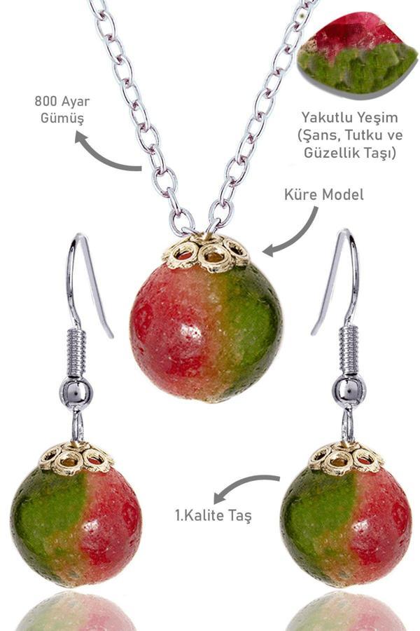 Sertifikalı Küre Model Yakutlu Yeşim Taşı Kolye ve Küpe Seti - Gümüş Aparatlı - Image 1
