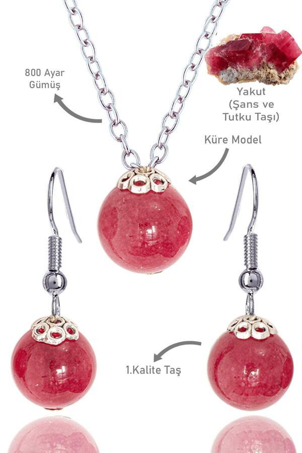 Sertifikalı Küre Model Yakut Taşı Kolye ve Küpe Seti - Gümüş Aparatlı - Image 1