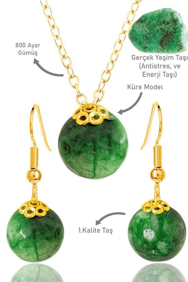 Sertifikalı Küre Model Fasetli Yeşim Taşı Kolye ve Küpe Seti - Gold Renkli - Image 1