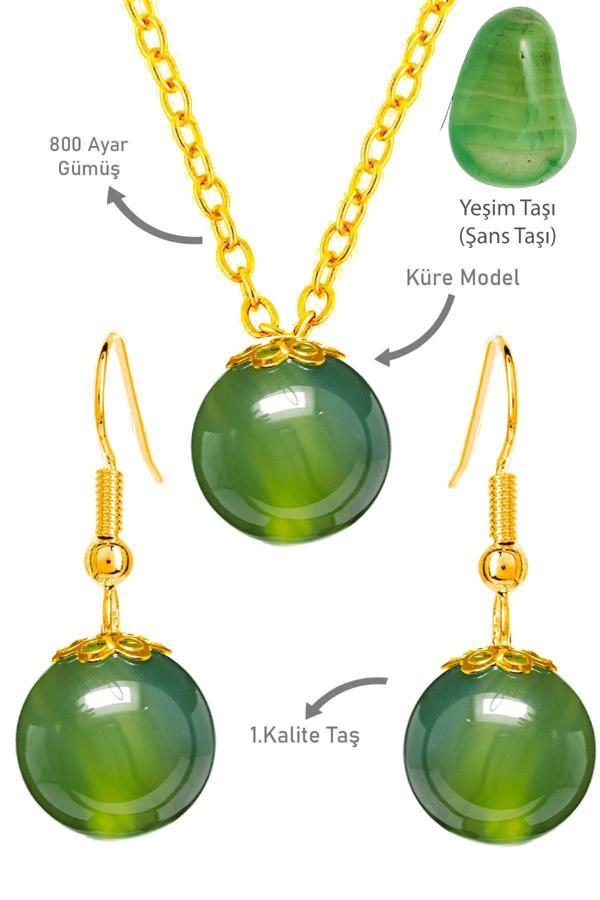 Sertifikalı Gold Yeşim Taşı Kolye Ve Küpe Seti - Gümüş Aparatlı - Image 1
