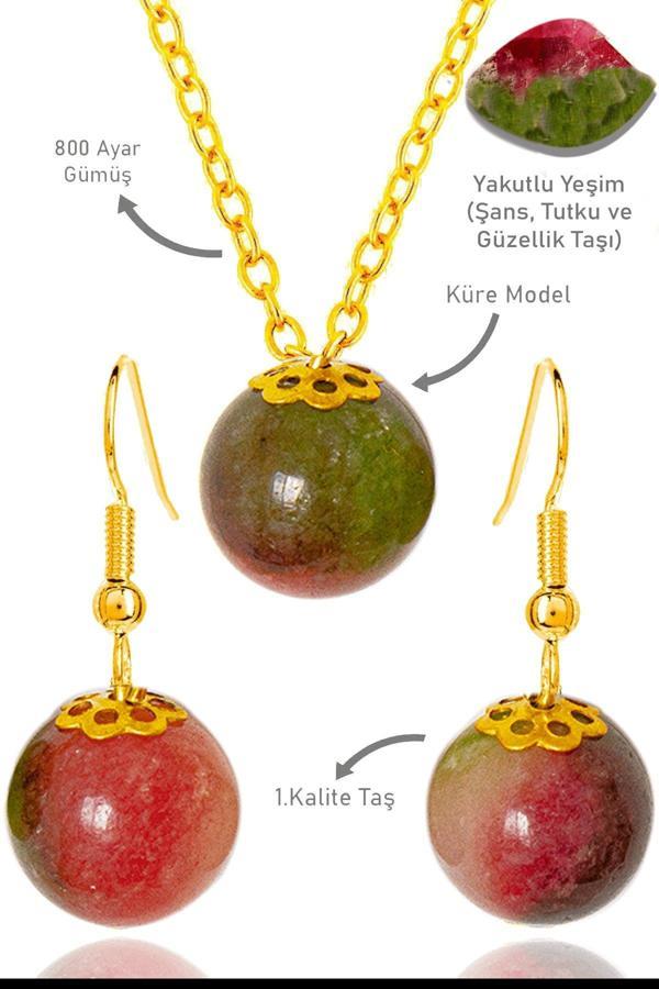 Sertifikalı Gold Küre Model Yakutlu Yeşim Taşı Kolye ve Küpe Seti - Gümüş Aparatlı - Image 1