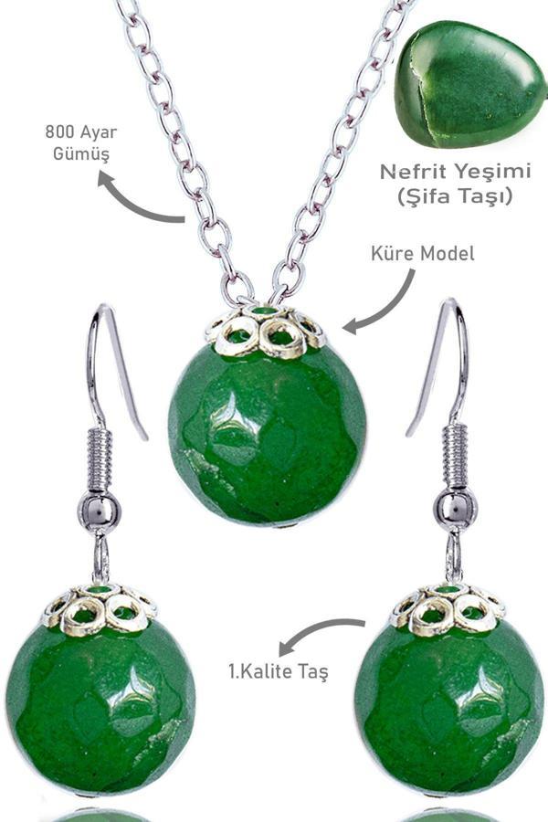 Sertifikalı Küre Model Fasetli Nefrit Yeşim Taşı Kolye ve Küpe Seti - Gümüş Aparatlı - Image 1