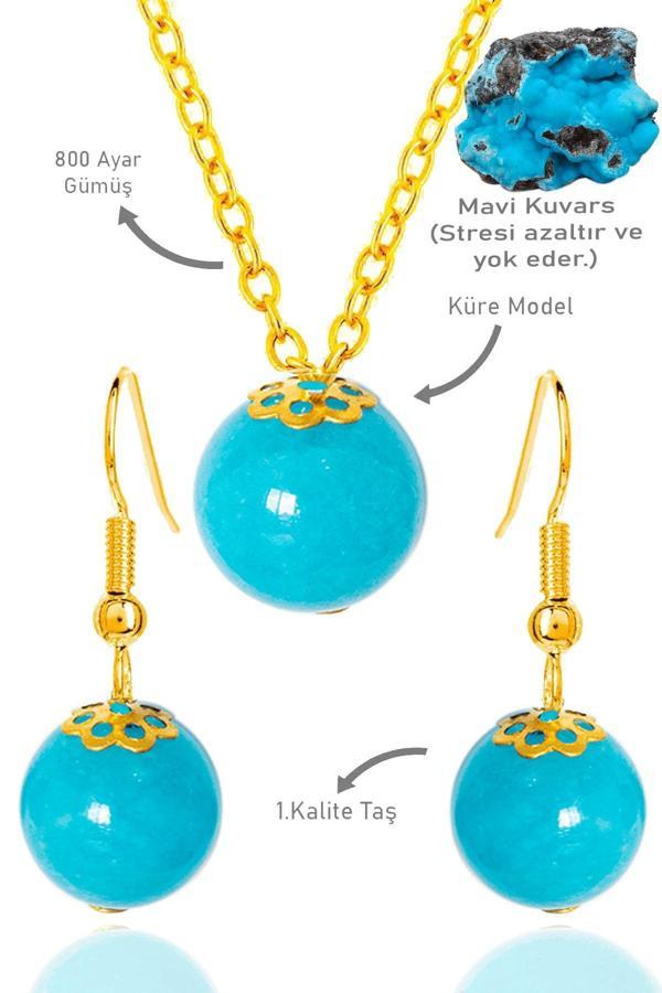 Sertifikalı Gold Küre Model Mavi Kuvars Taşı Kolye ve Küpe Seti - Gümüş Aparatlı - Image 1
