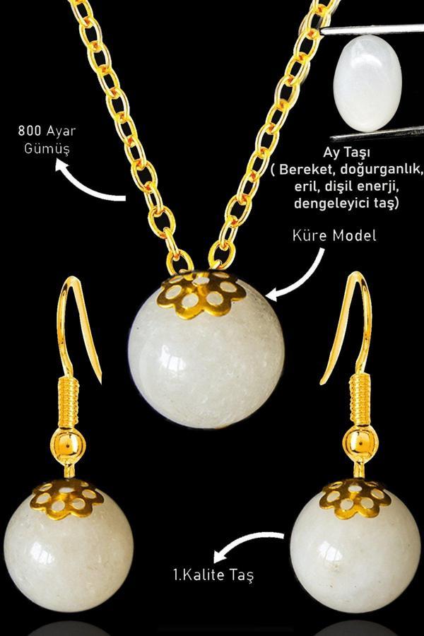 Sertifikalı Gold Küre Model Ay Taşı Kolye ve Küpe Seti - Gümüş Aparatlı - Image 1
