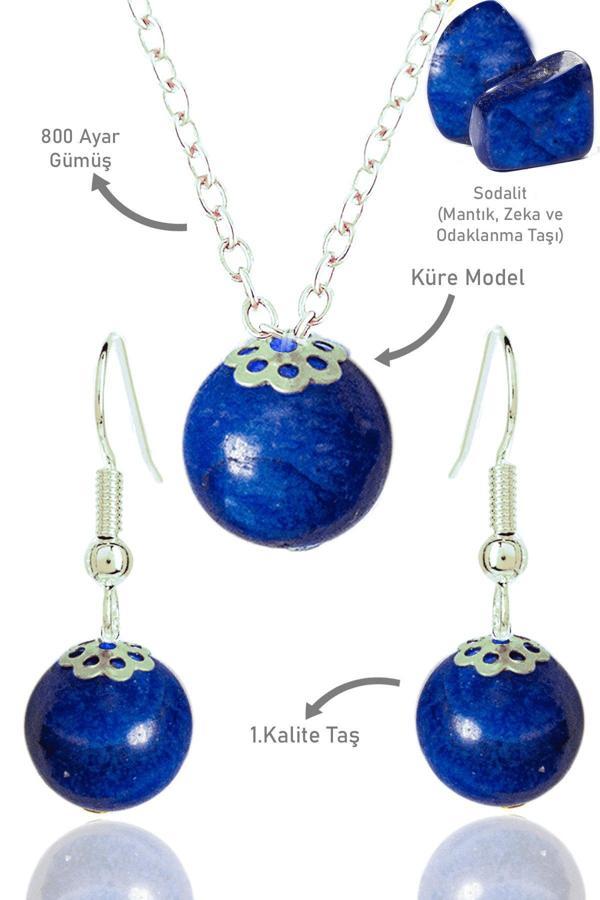 Sertifikalı Küre Model Sodalit Taşı Kolye ve Küpe Seti - Image 1