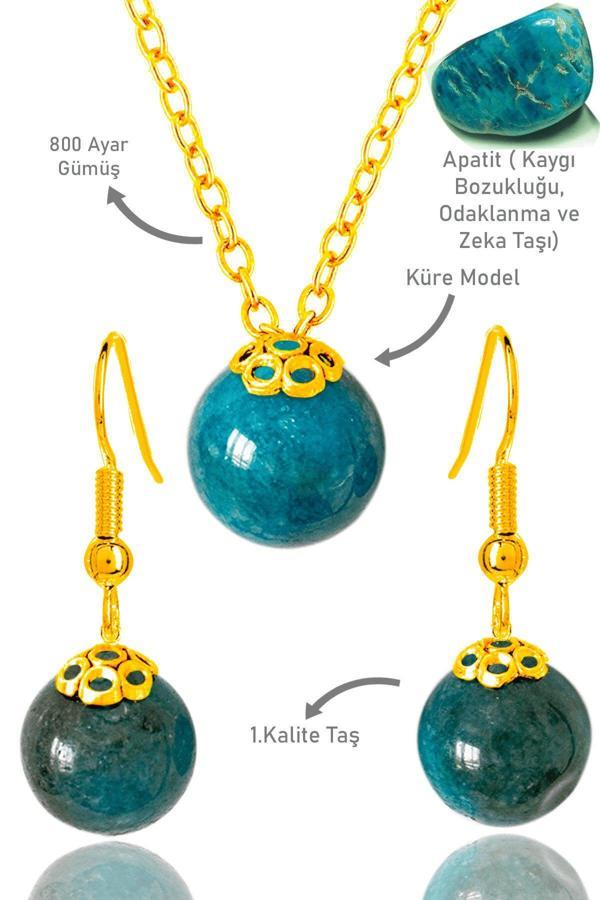 Sertifikalı Gold Küre Model Apatit Taşı Kolye Ve Küpe Seti - Gümüş Aparatlı - Image 1