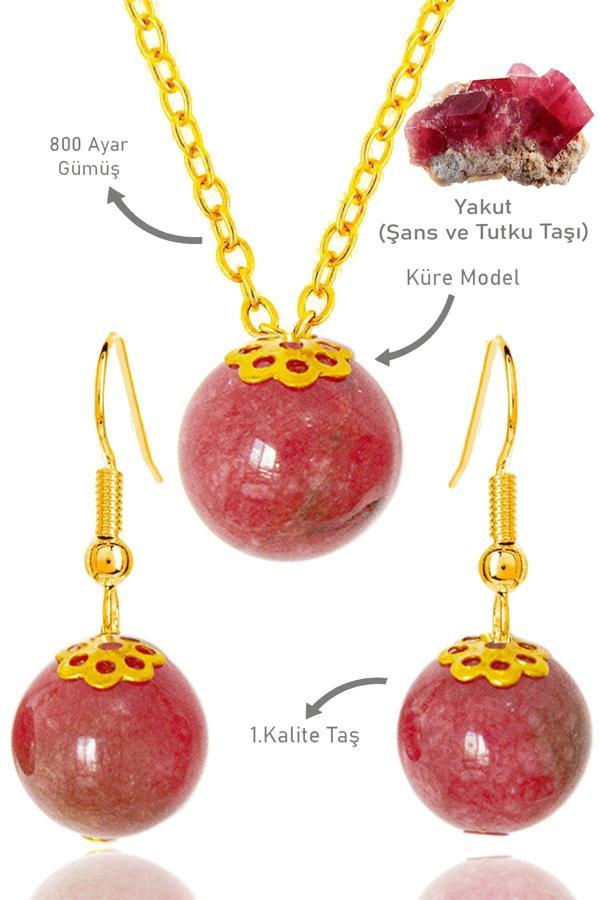 Sertifikalı Gold Küre Model Yakut Taşı Kolye ve Küpe Seti - Gümüş Aparatlı - Image 1