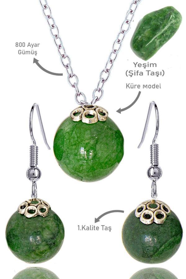 Sertifikalı Küre Model Kanada Yeşim Taşı Kolye ve Küpe Seti - Gümüş Aparatlı - Image 1