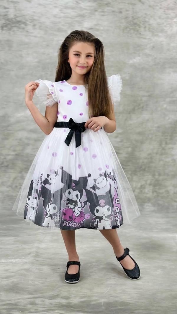 Kız Çocuk Tüllü Kuromi ve My Melody Desenli Tüllü Kız Çocuk Parti 2712BEYAZ - Image 1