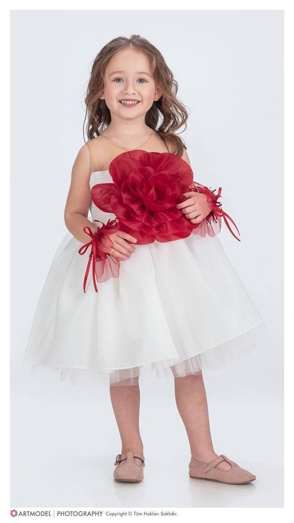 Kız Çocuk Gül Ve Tül Bileklik Detaylı  Özel Gün Elbisesi Abiye 1681Beyaz - Image 1