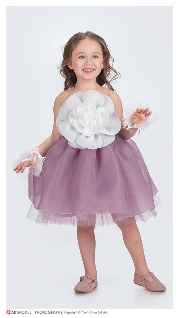Kız Çocuk Gül Ve Tül Bileklik Detaylı  Özel Gün Elbisesi Abiye 1681MO - Image 1