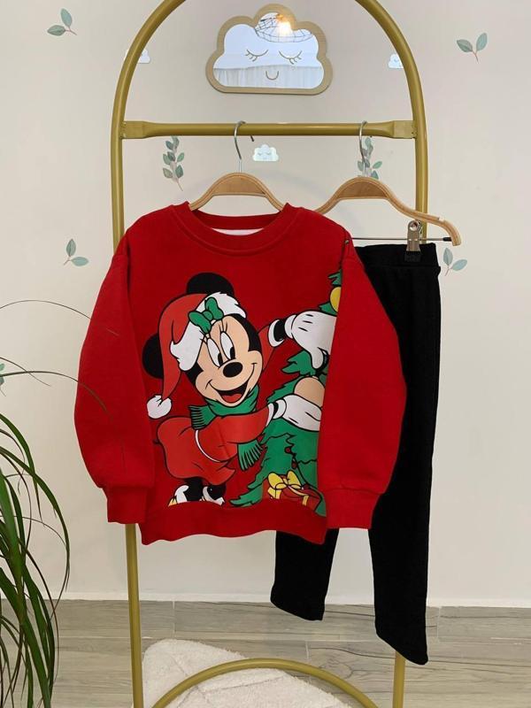 Kız Çocuk 3 İplik Şardonlu Alt Üst Taytlı Takım Yılbaşı Yeni Yıl Temalı 16088 - Image 1