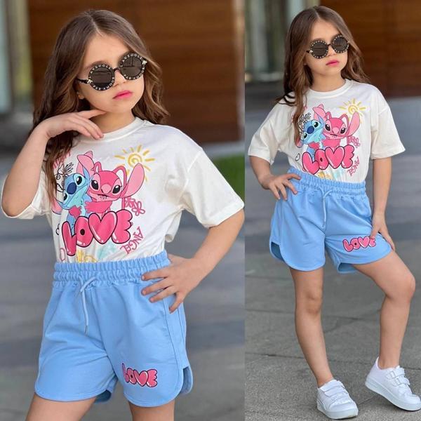Kız Çocuk Stitch Baskılı Love Tişört ve Şort Takımı - Mavi & Beyaz 7207M - Image 1