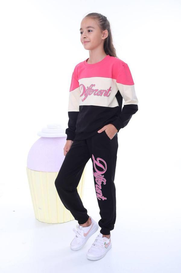 Kız Çocuk Eşofman Takımı Baskılı Okul Eşofmanı İki İplik Terletmeyen Pamuklu Kumaş 7091Pembe - Image 1