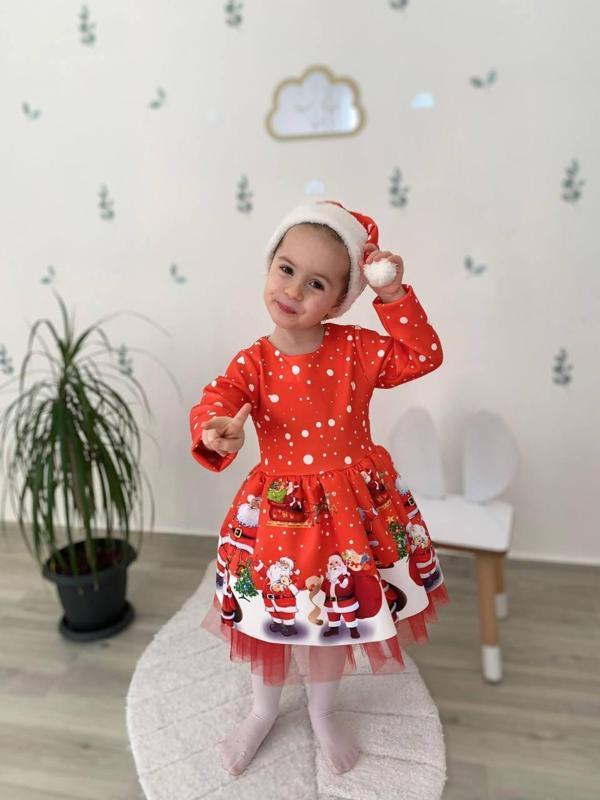 Kız Çocuk Kırmızı Şapkalı Noel Yılbaşı Yeni Yıl Temalı Noel Elbise 2517 - Image 1