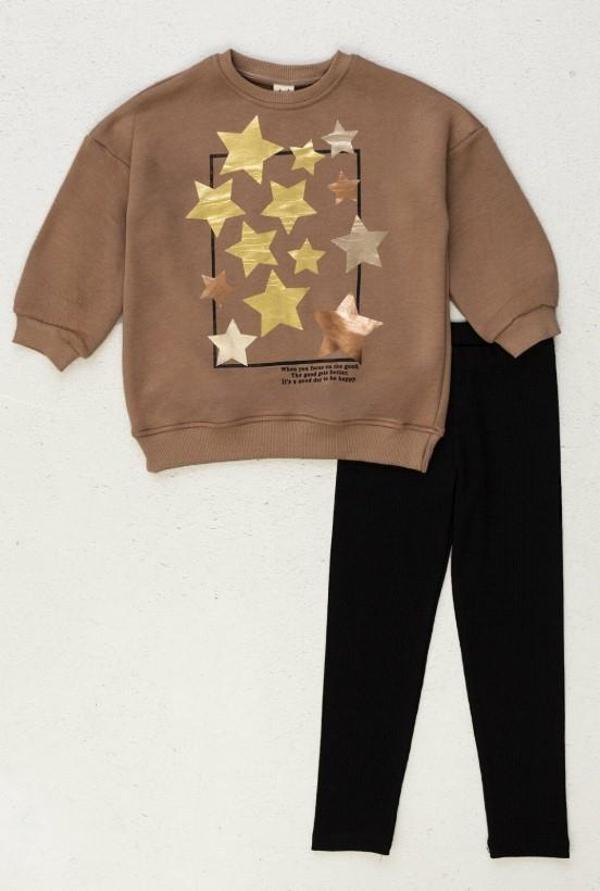 Parlak Yıldız Desenli Sweat Fitilli Kaşkorse Taytlı 2'li Alt Üst Kız Çocuk Takım 9608 - Image 1