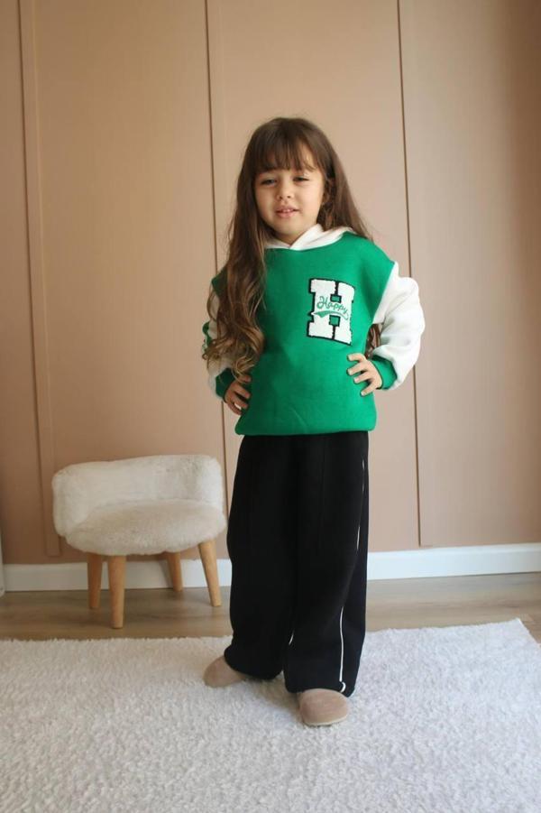 Happy Işlemeli Kapüşonlu Eşofman-Sweatshirt 3 Iplik Şardonlu Kışlık Kız Çocuk Takım j-537 - Image 1