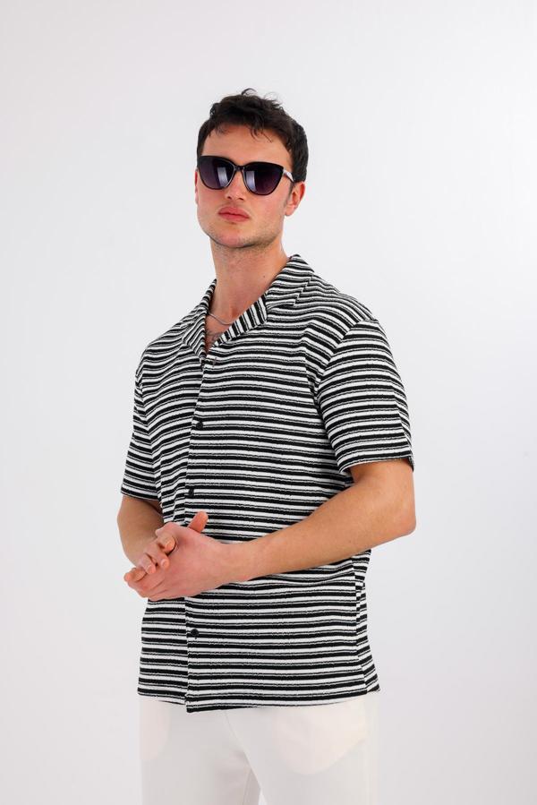 LUMERIS Kısa Kollu Çizgili Gömlek - Siyah - Image 1