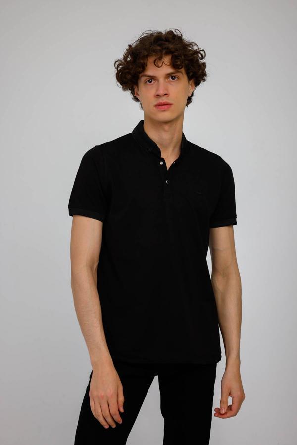 HORIZON Polo Yaka Pamuklu Tişört - Siyah - Image 1