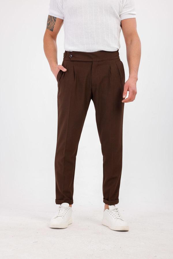 STELLAE Pileli Kumaş Pantolon - Kahverengi - Image 1