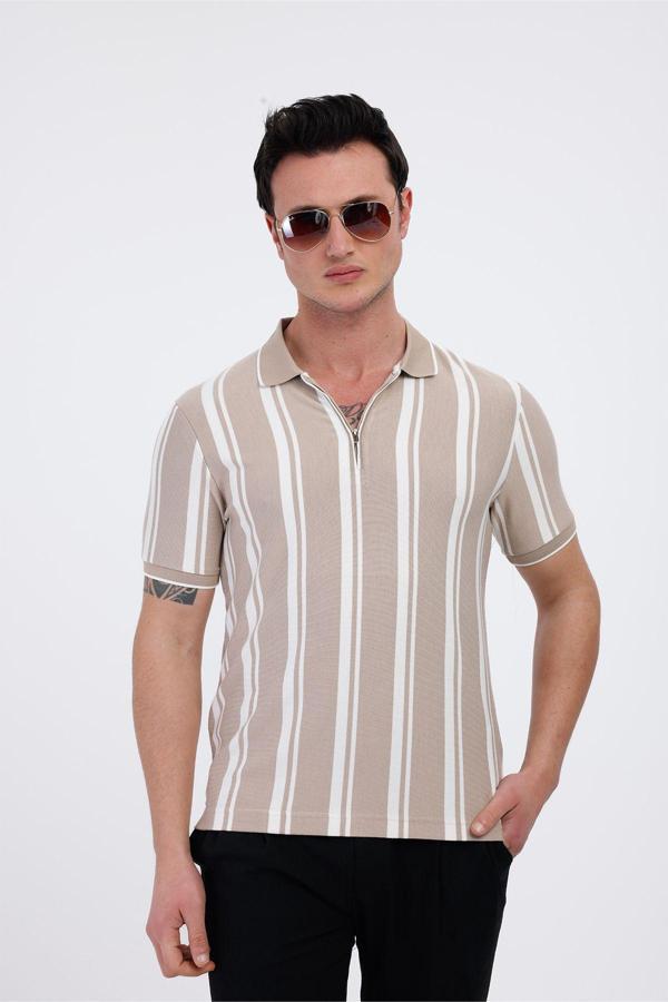 LUXOR Polo Yaka Çizgili Pamuklu Tişört - Bej - Image 1