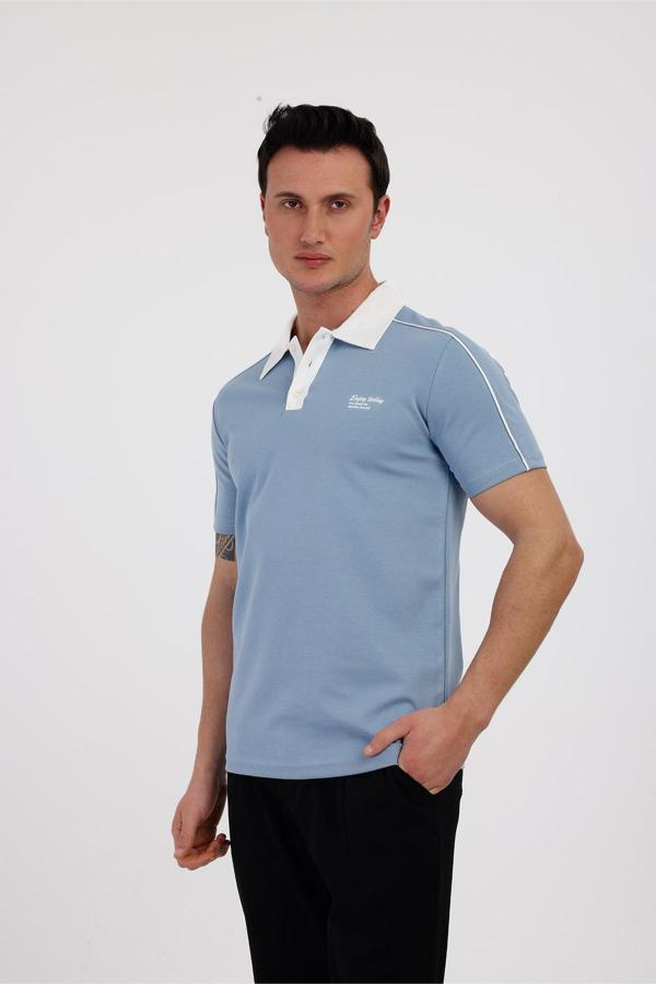 TRENDY Polo Yaka Pamuklu Tişört - Mavi - Image 1
