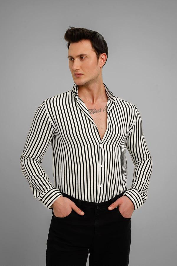 MARINA Uzun Kollu Çizgili Gömlek - Beyaz - Image 1