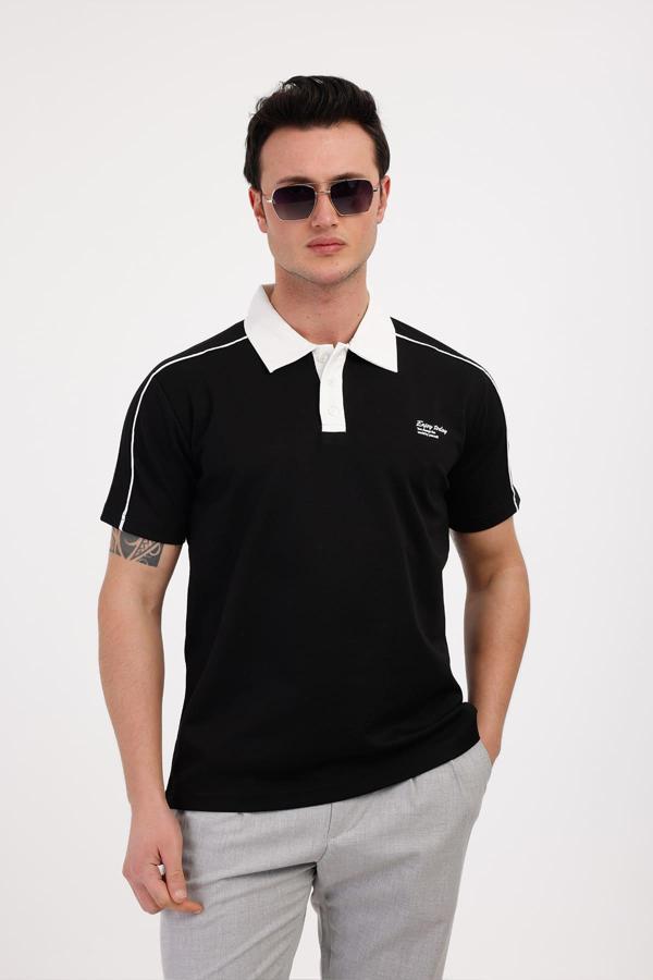 TRENDY Polo Yaka Pamuklu Tişört - Siyah - Image 1