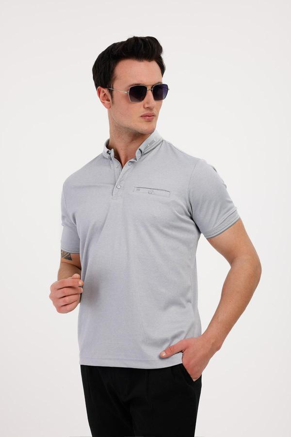 BREEZE Polo Yaka Pamuklu Tişört - Gri - Image 1