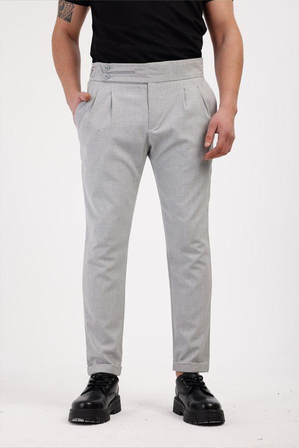 TERRALIS Düğme ve Kemer Detaylı Kumaş Pantolon - Gri - Image 1