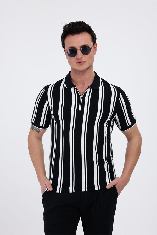 LUXOR Polo Yaka Çizgili Pamuklu Tişört - Siyah - Image 1
